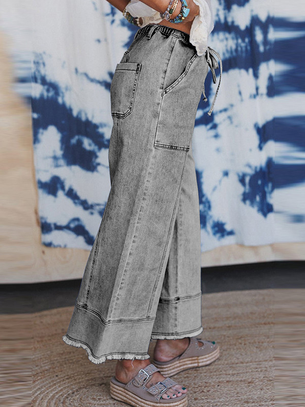 Drawstring Fringed Pockets Solid Color High Waisted Loose Jean Pants Bottoms