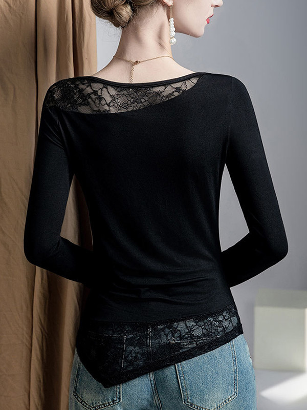 Asymmetric Embroidered Mesh See-Through Split-Joint False Two Long Sleeves Round-Neck T-Shirts