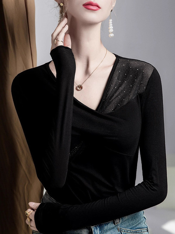 Mesh Slightly Sheer Split-Joint Irregularity Long Sleeves V-Neck T-Shirts