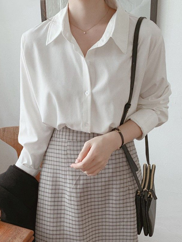 Buttoned Comfort Solid Color Long Sleeves Plus Size Lapel Blouses&Shirts Tops