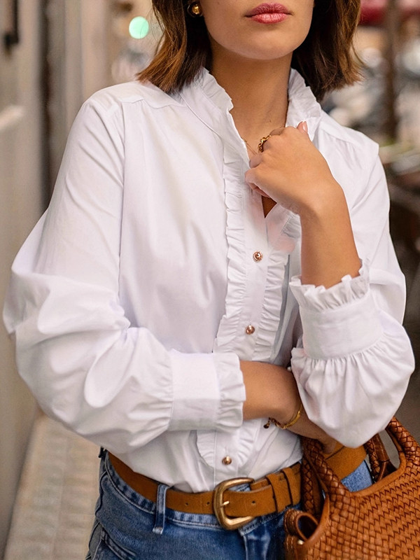Ruffled Split-Joint Long Sleeves Round-neck Blouses&shirts Tops