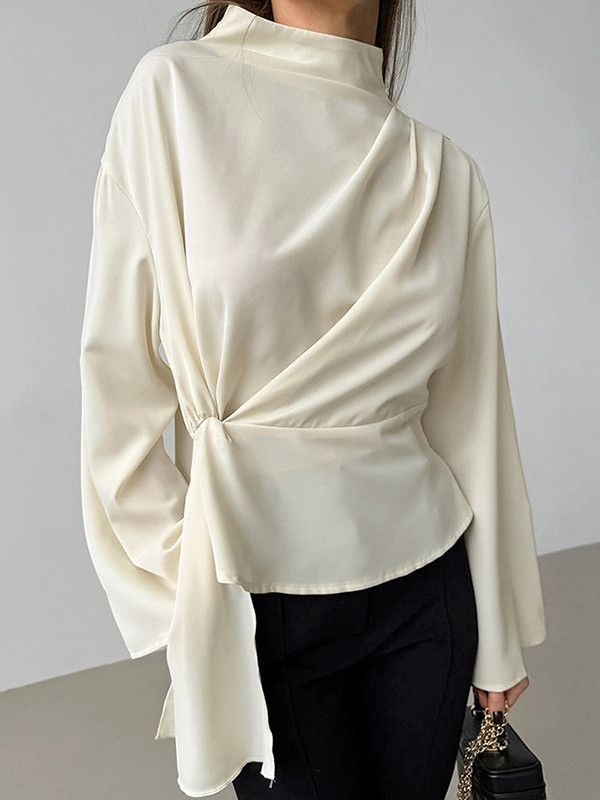 Solid Color Twist Flared Sleeves Long Sleeves Half Turtleneck Blouses&Shirts Tops