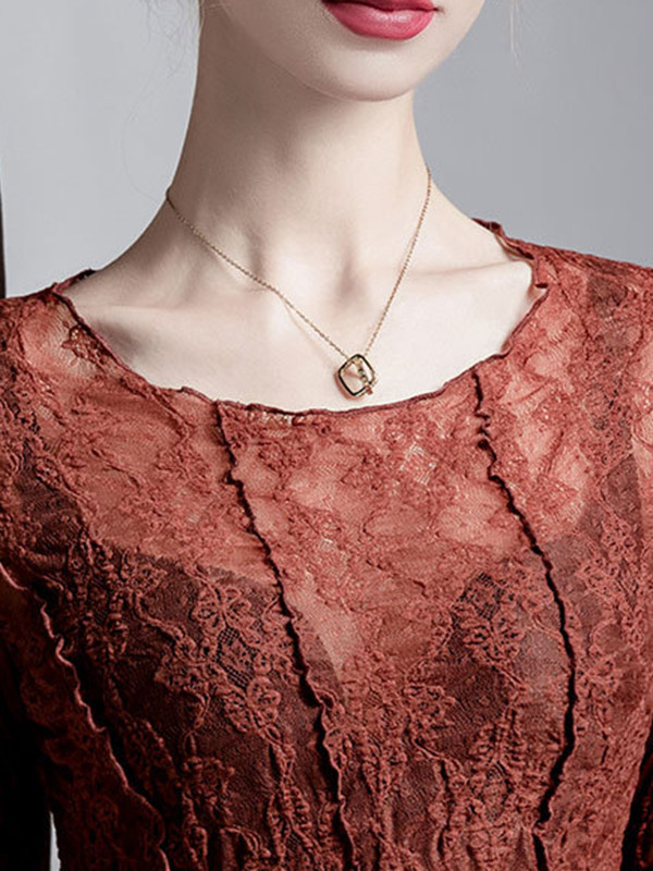 See-Through Split-Joint Textured Irregularity Long Sleeves Round-Neck T-Shirts Tops
