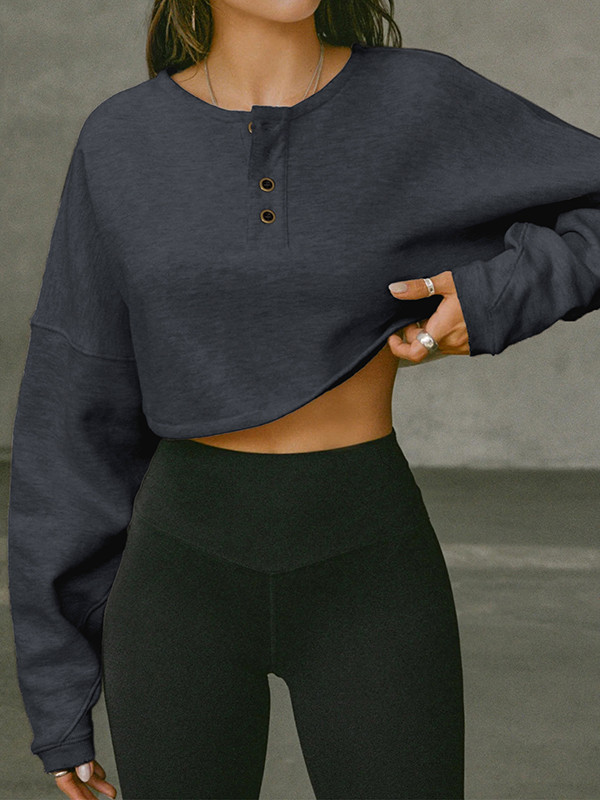 Solid Color Split-Joint Long Sleeves Loose Round-Neck Sweatshirt Tops
