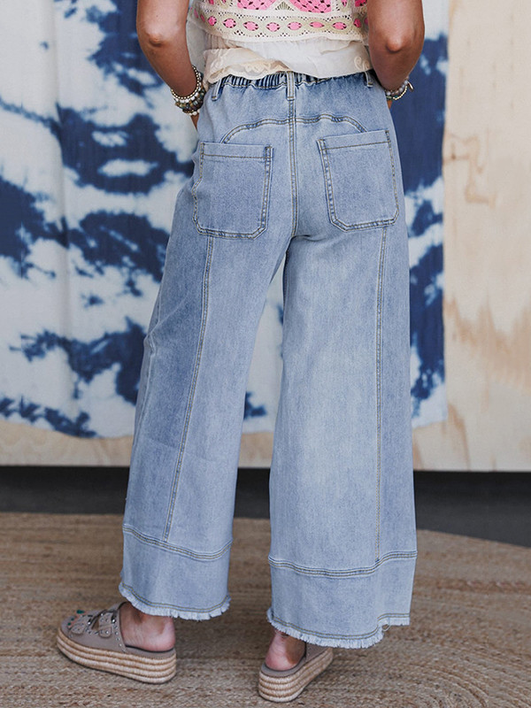 Drawstring Fringed Pockets Solid Color High Waisted Loose Jean Pants Bottoms