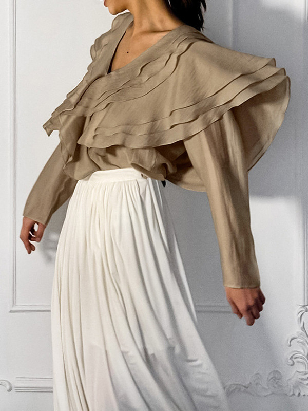 Backless Ruffled Solid Color Long Sleeves V-Neck Blouses&Shirts Tops