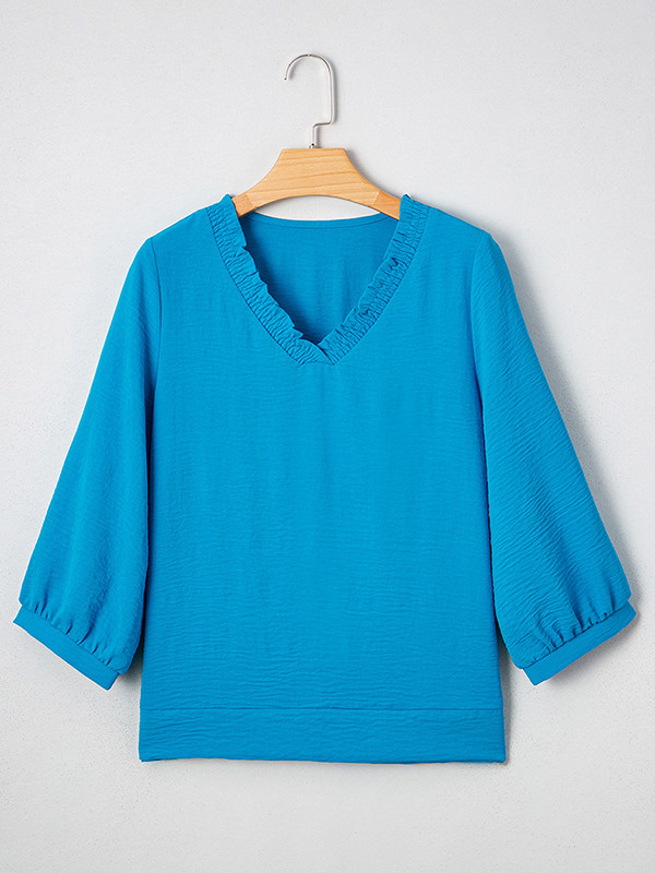 Pleated Solid Color Long Sleeves Loose V-Neck Blouses&Shirts Tops