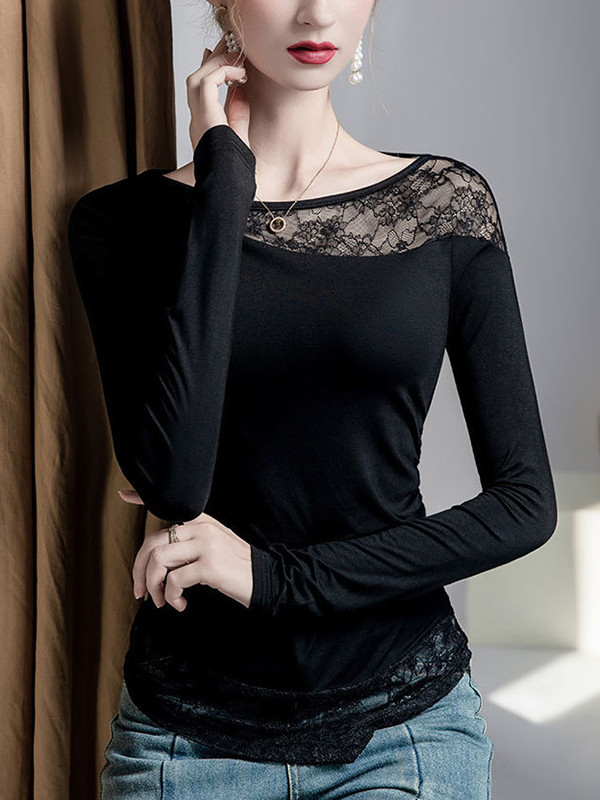 Asymmetric Embroidered Mesh See-Through Split-Joint False Two Long Sleeves Round-Neck T-Shirts
