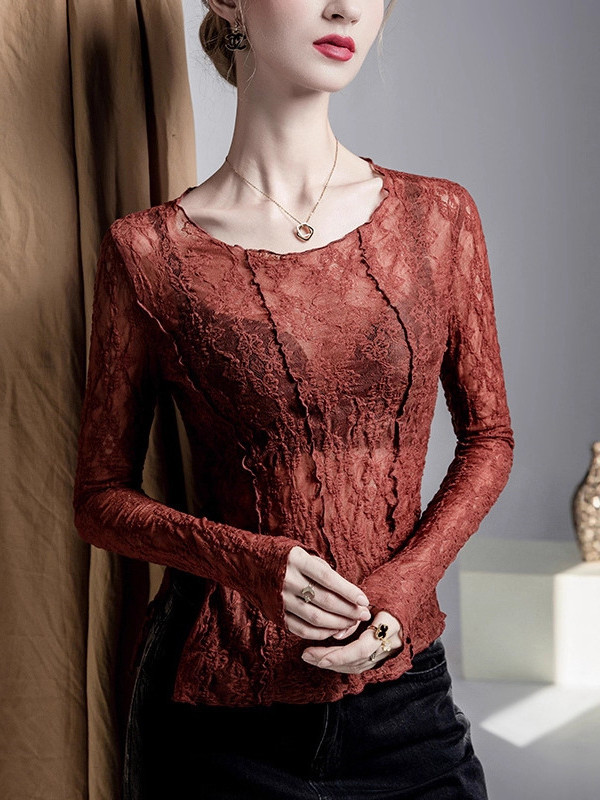 See-Through Split-Joint Textured Irregularity Long Sleeves Round-Neck T-Shirts Tops