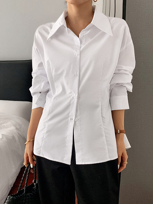 Buttoned Solid Color Long Sleeves Loose Lapel Blouses&Shirts Tops