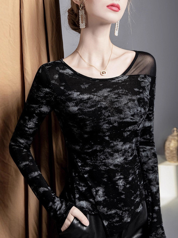 Asymmetric Graffiti Printed Mesh Split-Joint Irregularity Long Sleeves Round-Neck T-Shirts Tops