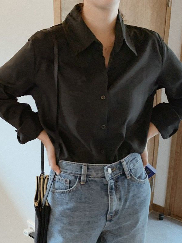 Buttoned Comfort Solid Color Long Sleeves Plus Size Lapel Blouses&Shirts Tops