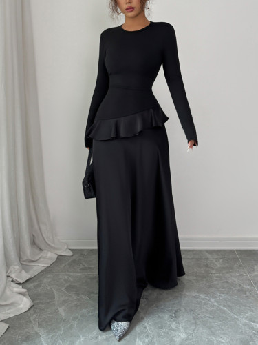 Ruffle Trim Solid Color Split-Joint A-Line High Waisted Round-Neck Maxi Dresses