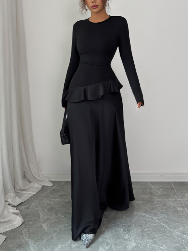 Ruffle Trim Solid Color Split-Joint A-Line High Waisted Round-Neck Maxi Dresses