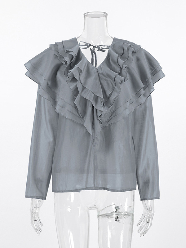 Backless Ruffled Solid Color Long Sleeves V-Neck Blouses&Shirts Tops