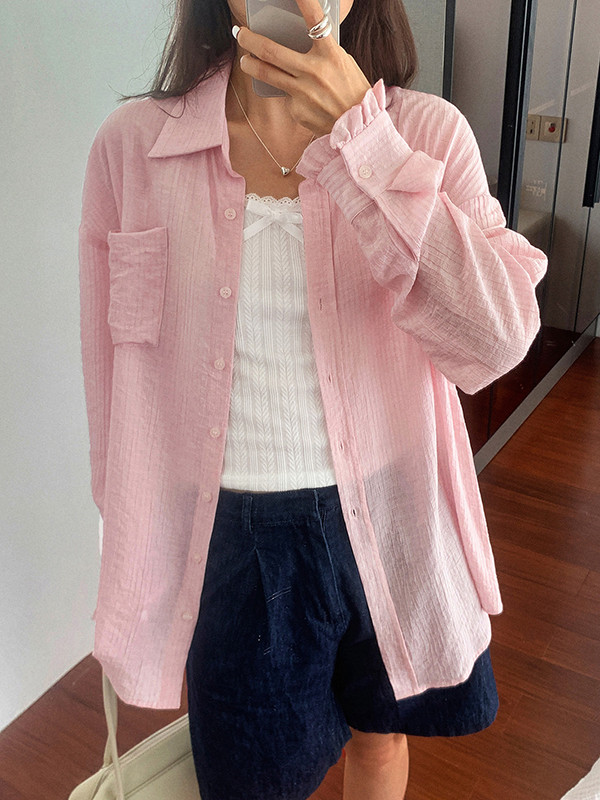 Buttoned Pockets Ruffle Trim Solid Color Long Sleeves Loose Lapel Blouses&Shirts Tops