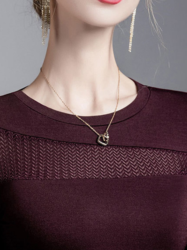 Comfort Mesh Slightly Sheer Solid Color Split-Joint Irregularity Long Sleeves Round-neck T-Shirts Tops