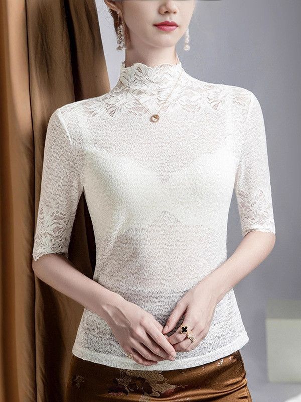 Slightly Sheer Split-Joint Textured False Two Half Sleeves High Neck T-Shirts Tops