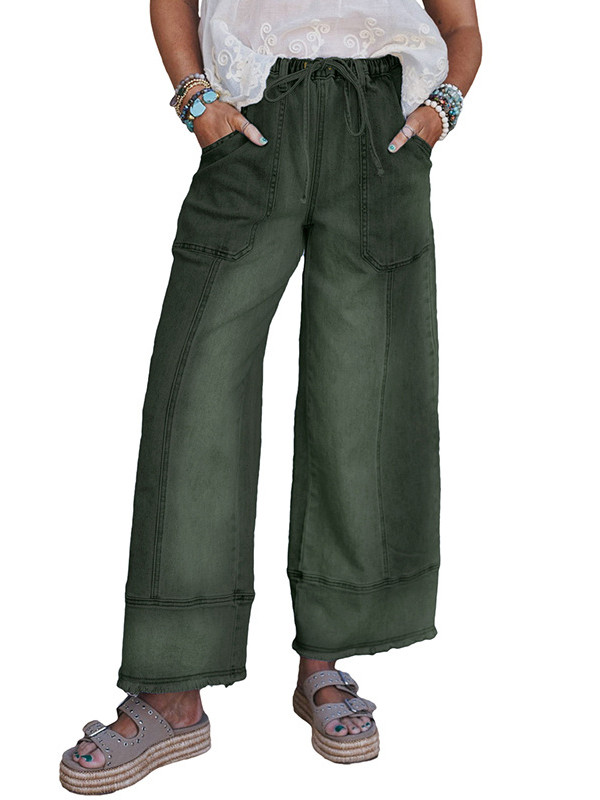 Drawstring Fringed Pockets Solid Color High Waisted Loose Jean Pants Bottoms