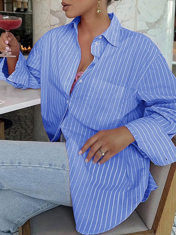 Buttoned Contrast Color Pockets Striped Long Sleeves Loose Lapel Blouses&Shirts Tops