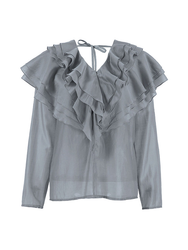 Backless Ruffled Solid Color Long Sleeves V-Neck Blouses&Shirts Tops