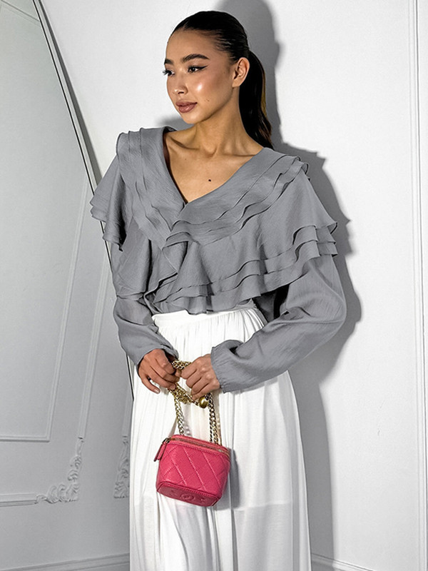 Backless Ruffled Solid Color Long Sleeves V-Neck Blouses&Shirts Tops