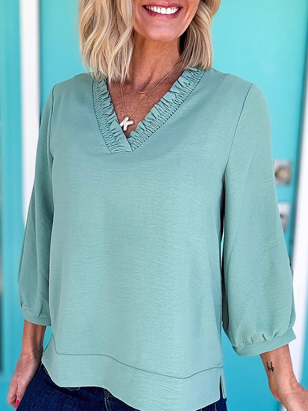 Pleated Solid Color Long Sleeves Loose V-Neck Blouses&Shirts Tops