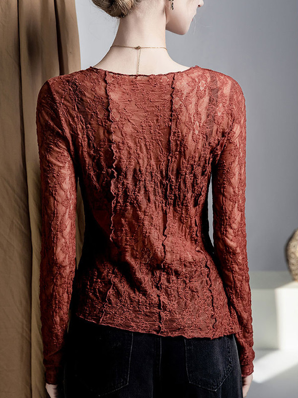 See-Through Split-Joint Textured Irregularity Long Sleeves Round-Neck T-Shirts Tops