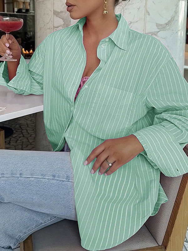 Buttoned Contrast Color Pockets Striped Long Sleeves Loose Lapel Blouses&Shirts Tops