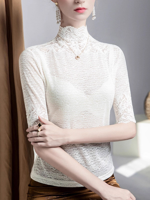 Slightly Sheer Split-Joint Textured False Two Half Sleeves High Neck T-Shirts Tops