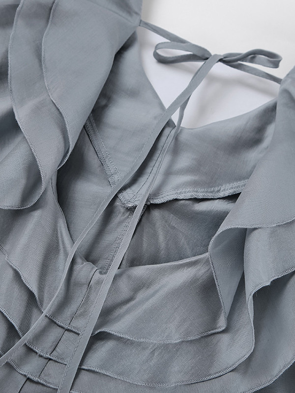 Backless Ruffled Solid Color Long Sleeves V-Neck Blouses&Shirts Tops