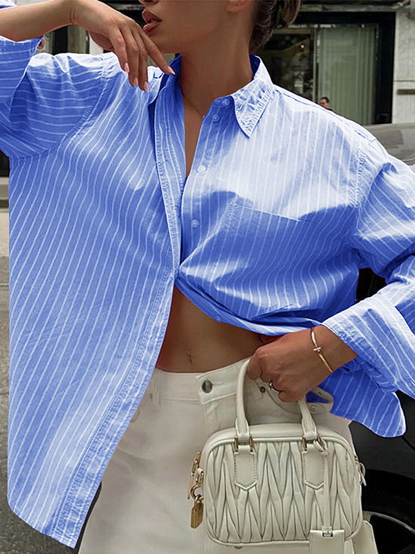 Buttoned Contrast Color Pockets Striped Long Sleeves Loose Lapel Blouses&Shirts Tops
