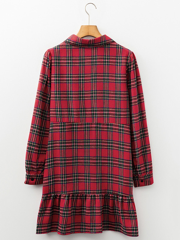 Buttoned Plaid Pleated Pockets A-Line High Waisted Lapel Mini Dresses