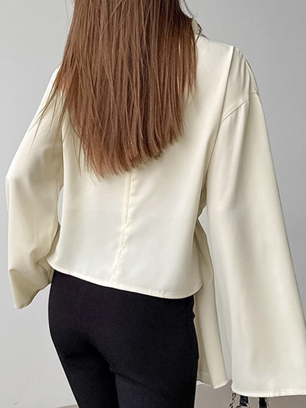 Solid Color Twist Flared Sleeves Long Sleeves Half Turtleneck Blouses&Shirts Tops