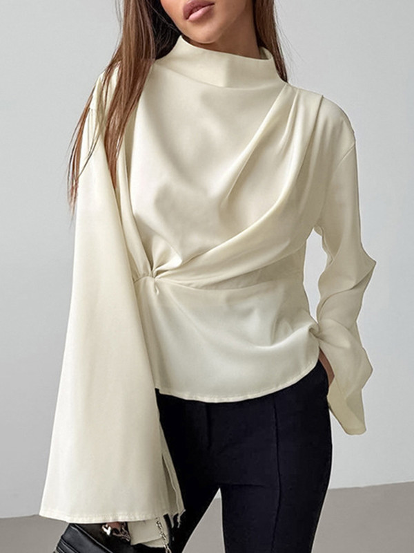 Solid Color Twist Flared Sleeves Long Sleeves Half Turtleneck Blouses&Shirts Tops