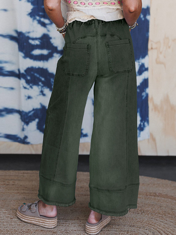 Drawstring Fringed Pockets Solid Color High Waisted Loose Jean Pants Bottoms