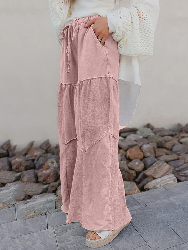 Drawstring Pleated Pockets Solid Color Split-Joint High Waisted Loose Trousers Pants