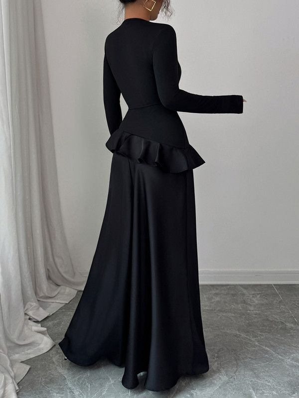 Ruffle Trim Solid Color Split-Joint A-Line High Waisted Round-Neck Maxi Dresses