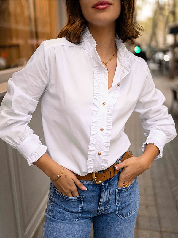 Ruffled Split-Joint Long Sleeves Round-neck Blouses&shirts Tops