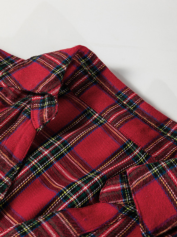Buttoned Plaid Pleated Pockets A-Line High Waisted Lapel Mini Dresses