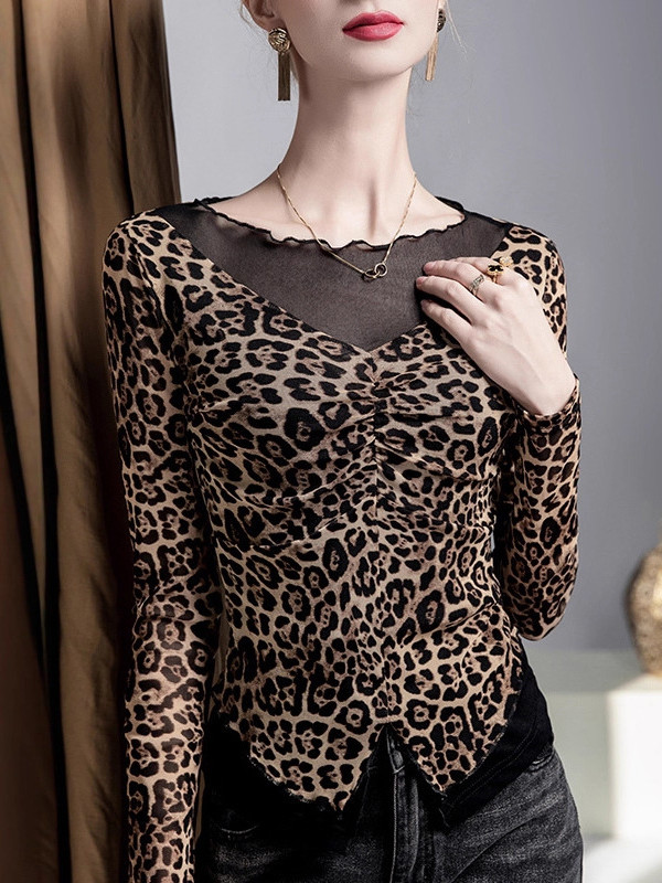 Leopard Pleated Split-Joint False Two Long Sleeves Boat Neck T-Shirts Tops