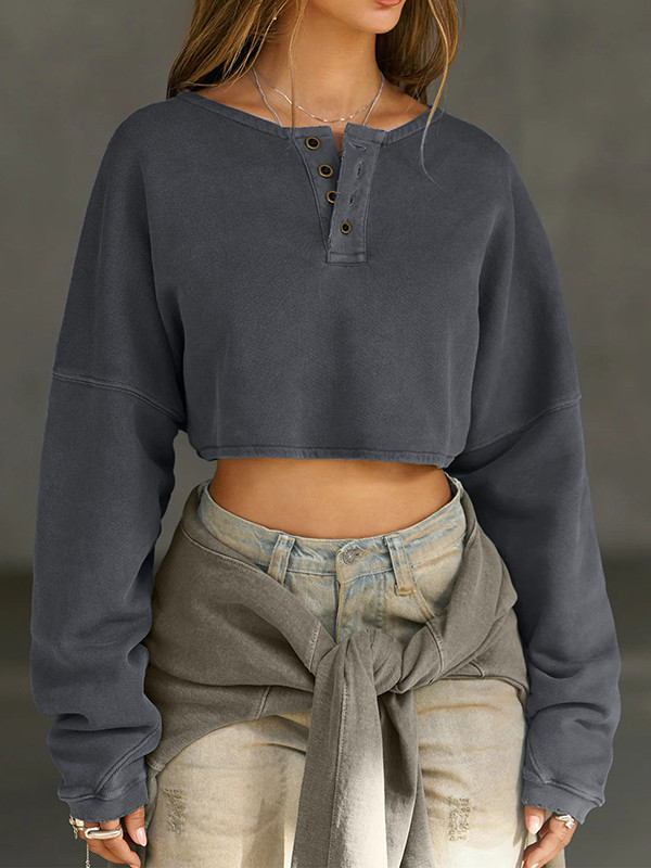 Solid Color Split-Joint Long Sleeves Loose Round-Neck Sweatshirt Tops