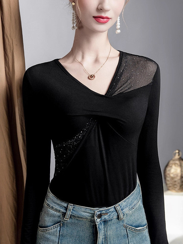Mesh Slightly Sheer Split-Joint Irregularity Long Sleeves V-Neck T-Shirts