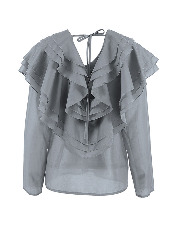 Backless Ruffled Solid Color Long Sleeves V-Neck Blouses&Shirts Tops