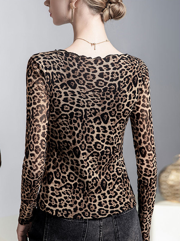 Leopard Pleated Split-Joint False Two Long Sleeves Boat Neck T-Shirts Tops
