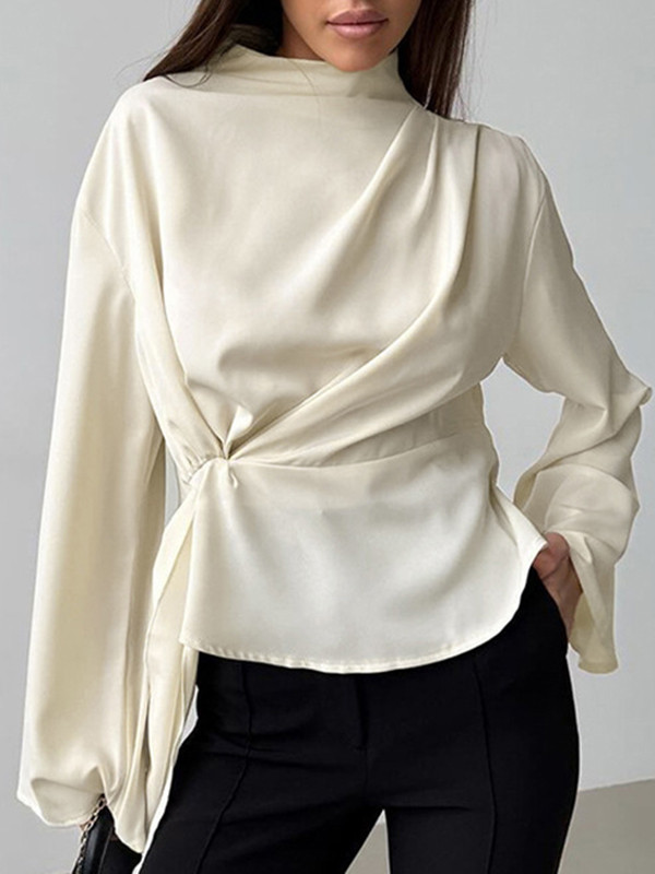 Solid Color Twist Flared Sleeves Long Sleeves Half Turtleneck Blouses&Shirts Tops