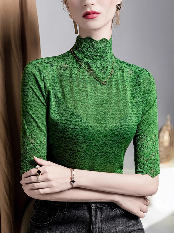 Slightly Sheer Split-Joint Textured False Two Half Sleeves High Neck T-Shirts Tops