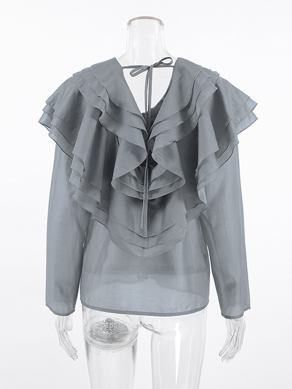 Backless Ruffled Solid Color Long Sleeves V-Neck Blouses&Shirts Tops