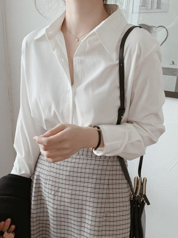 Buttoned Comfort Solid Color Long Sleeves Plus Size Lapel Blouses&Shirts Tops