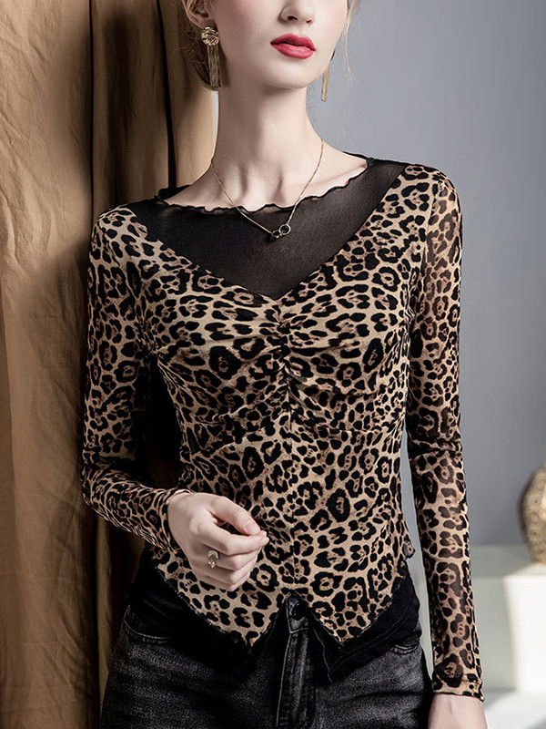 Leopard Pleated Split-Joint False Two Long Sleeves Boat Neck T-Shirts Tops